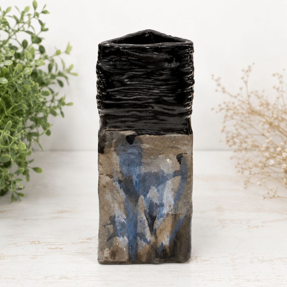 Vintage Glazed Triangular Studio Art Pottery Vase Handmade 10 Inch